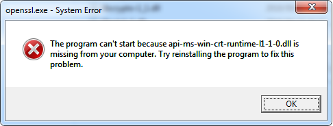 The program can't start because api-ms-win-crt-runtime-l1-1-0.dll is missing from your computer.