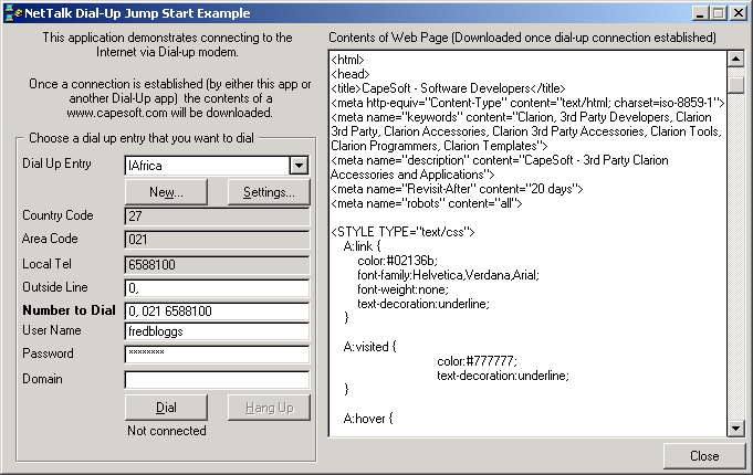 Dial-Up Jump Start example screenshot